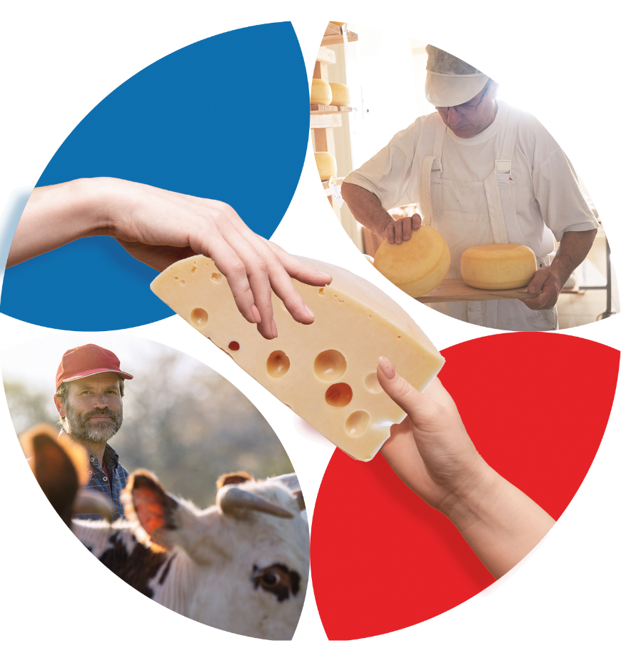 Deux mains partageantun fromage. Image incluse dans le logo d'ALBORA, avec de chaque côté un agriculteurprès d'une vache et un fromager près s'occupant deux fromage