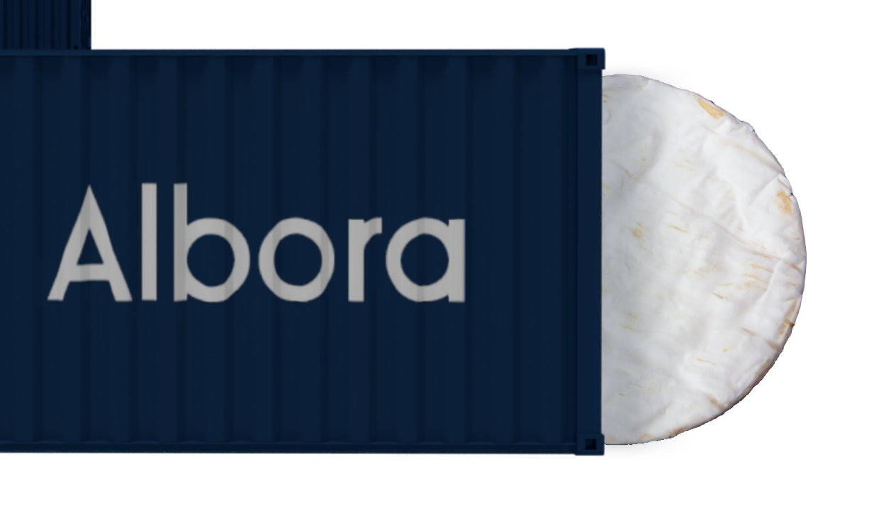 Fromage sortant d'un container bleu comportant le logo ALBORA